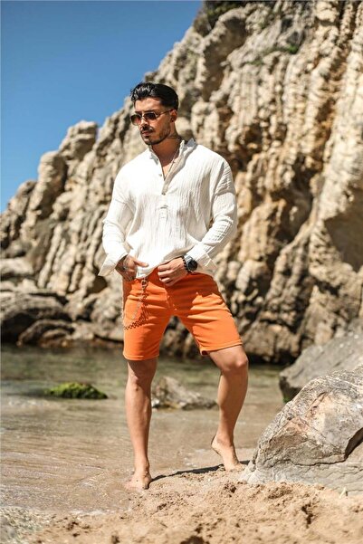 OUTFİT MAN Erkek Zincir Detaylı Jean Şort Turuncu