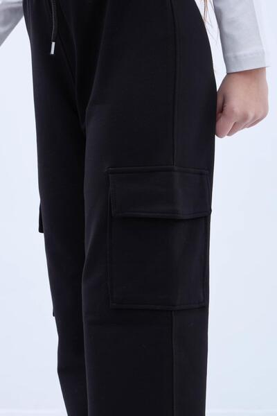 Perendi Girl's Black Cargo Pants - Elastic Waist