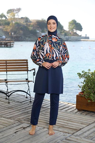 Estiva   Γυναικείο μαγιό Hijab με μοτίβο με κλειστό κόψιμο σε μπλε ναυτικό