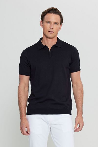 AC&Co / Altınyıldız Classics Ανδρικό μπλουζάκι μαύρο 100% βαμβακερό κανονική εφαρμογή με γιακά πόλο πλεκτό