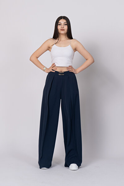 MissVina Trend Model Pantaloni largi cu detaliu pliat, cu talie înaltă buzuna...