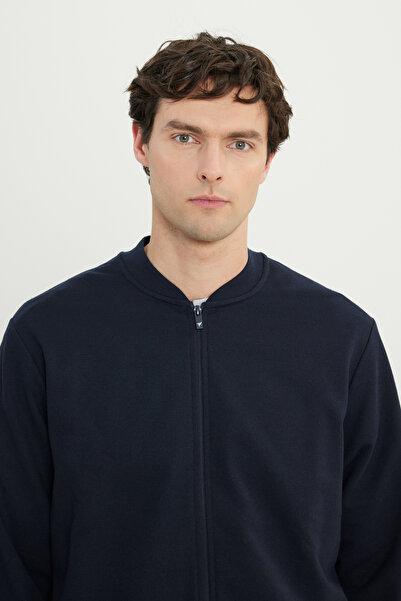 AC&Co / Altınyıldız Classics Erkek Lacivert Pamuklu Standart Fit Normal Kesim Kolej Yaka Yan Cep Sweatshirt Ceket