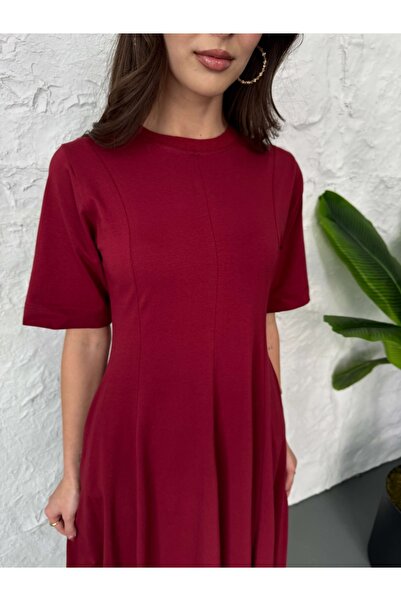Elif Özbey Butik Bordo Bisiklet Yaka Uzun Elbise