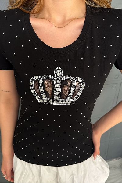 RICH GLAM Large Size Lace Crown Crystal Stone Short Sleeve Stylish Comfortable Cotton Black Women's T-Shirt