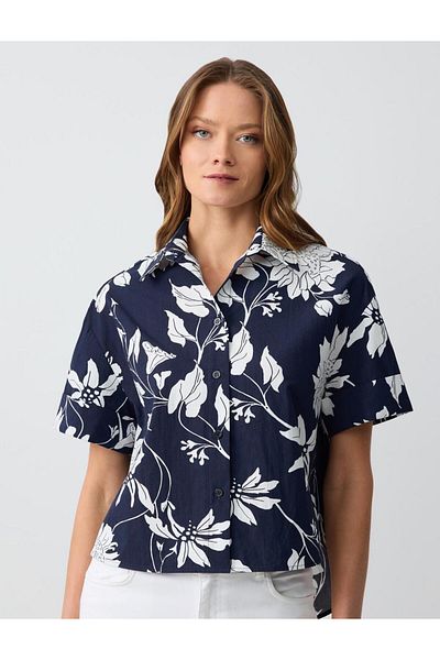 Jimmy Key Cămașă țesătă cu mânecă scurtă, albastru marin, cu model floral