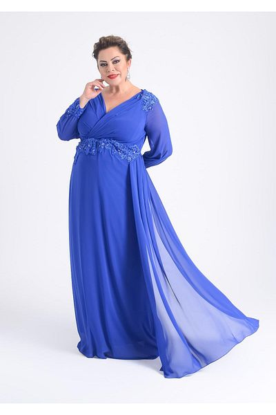 LİLAS XXL Plus Size Sax Colored Long Chiffon Evening Dress