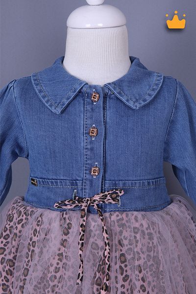 Babydola 0-3 Years Denim Fabric Leopard Detailed Baby Girl Children's Holiday Dress Pink 15583