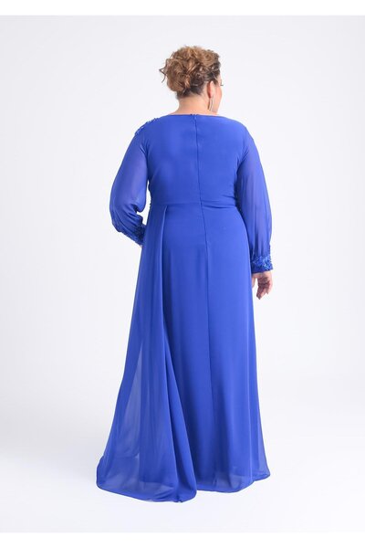 LİLAS XXL Plus Size Sax Colored Long Chiffon Evening Dress