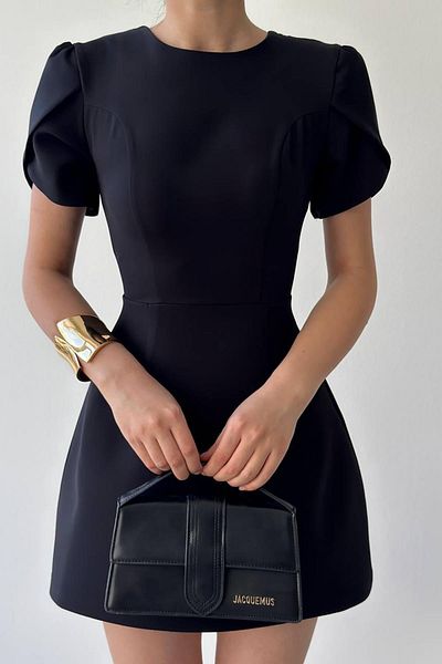 Deafox Rochie mini din țesătură creponată, cu căptușeală interioară, cu fermoar ascuns, cu nasturi de perle, cu fundă pe spate