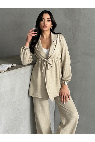 MD trend Women's Linen Waist Drawstring Jacket and Palazzo Pants Two Piece Set