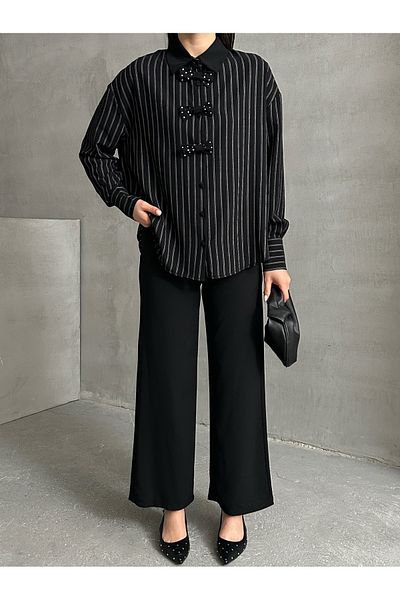 MD trend Women's Bow Detailed Striped Oversize Shirt and Palazzo Pants Two Piece Set