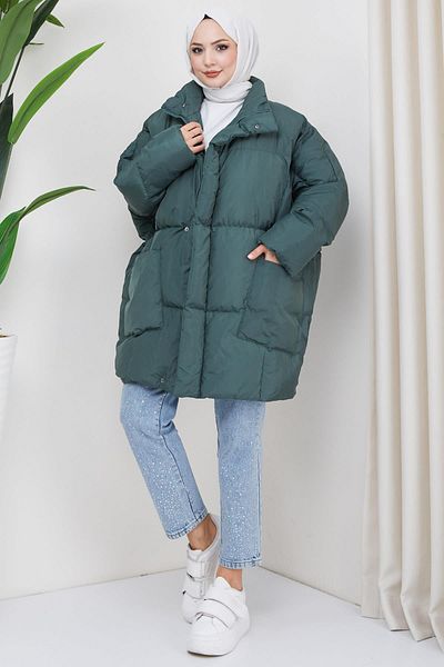 hafsamina Φουσκωτό παλτό με τσέπη Oversize Green HM2317