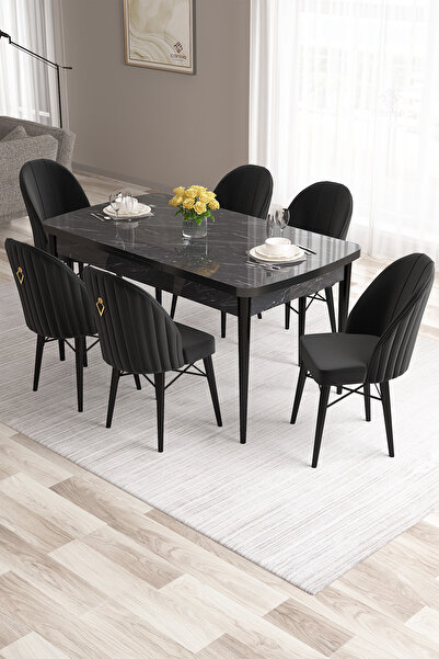 Canisa Roz Serisi 80x132 Mdf Açılabilir Siyah Mermer Desen Masa Takımı 6 Siyah Sandalye