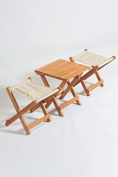 Meya Dekor Kamp karavan piknik balkon bahçe ahşap sehpalı tabure seti 2+1