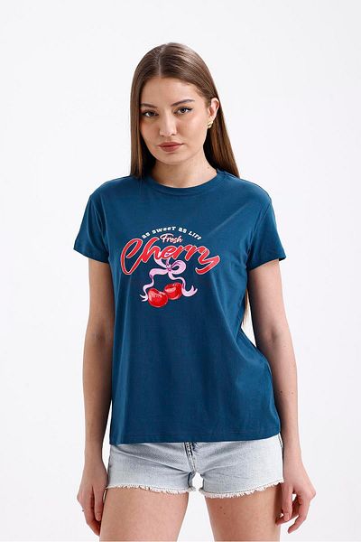 Miss Murem Petrolyeşil Cherry T-Shirt as Sweet as Life