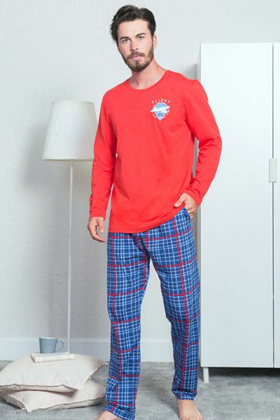 GAZZAZ Red Men's Single Jersey Combed Cotton Long Sleeve O-Neck Pajama Set with Pockets 3120