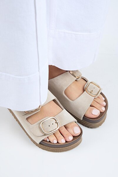 Manijero Alexa Women's Leather Genuine Leather Double Buckle Platform Beige Slippers