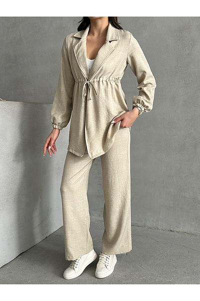 MD trend Women's Linen Waist Drawstring Jacket and Palazzo Pants Two Piece Set