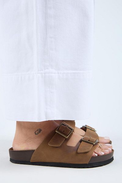 Manijero (Anjelic Tumbled) Women's Genuine Leather Double Buckle Coffee Slippers