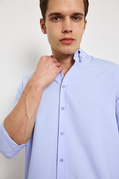 MADZEYMODA Cămașă țesută cu mânecă lungă pentru bărbați Blue Premium LS-19830