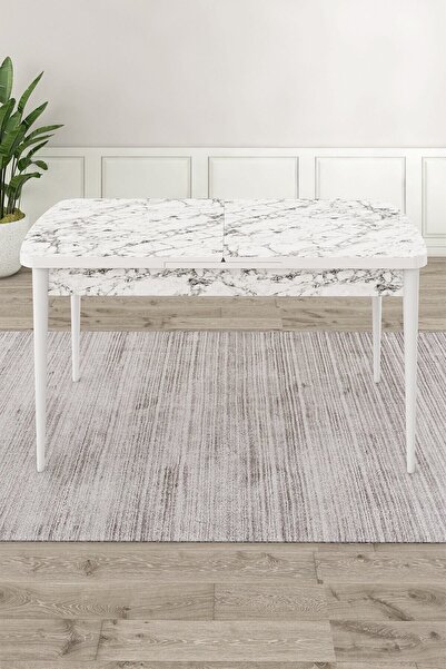 Canisa Roz Serisi 80x132 Mdf Açılabilir Beyaz Mermer Masa Takımı 6 Gri Sandalye
