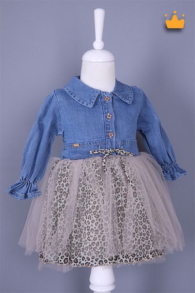 Babydola Denim Fabric Leopard Detailed Baby Girl Children's Eid Dress Brown