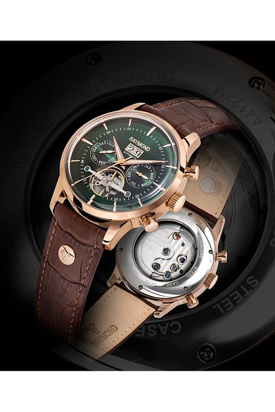 Raymond Rym-4123 Raymond Automatic Men's Wristwatch - Stainless Steel Case - Leather Cord