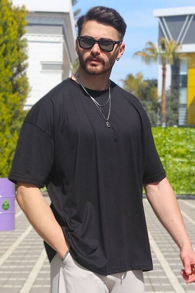 Men's Black Oversize Single Jersey 100% Cotton Fabric Crew Neck T-shirt