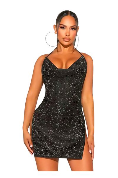 H&S STORE E-1016 Glittery Black Night Dress with Slit Detail