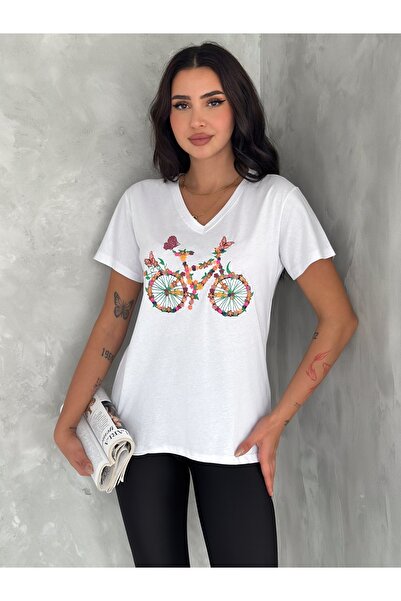 Esra Butik Hane تي شيرت نسائي أبيض برقبة على شكل حرف V ومطرز بالترتر 100% قطن