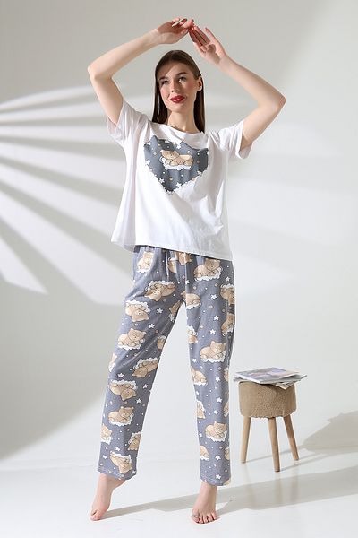 DİVİSTA Women's Printed Pajamas Set – Top and Bottom Set – Comfortable Home Wear – Soft Cotton Fabric