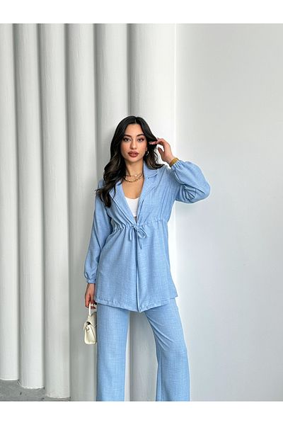 MD trend Women's Linen Waist Drawstring Jacket and Palazzo Pants Two Piece Set