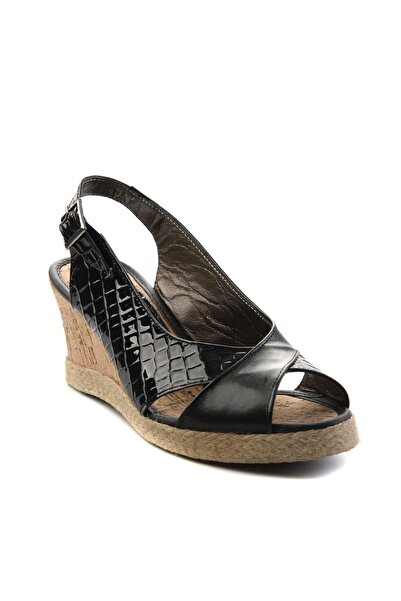 Bambi Black Croco Genuine Leather Women's Espadrille K 05582202203