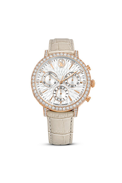 Swarovski Matrix Tennis Chrono Saat, Isviçre Üretimi, Deri Kayış, Bej, Pembe Altın Rengi Yüzey