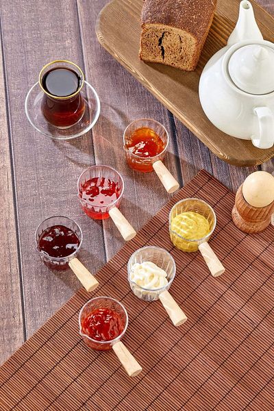 Zarafet Tasarım Mica Jam Set with Wooden Handle - 80 ml Cooler & Sauce Bowl, Tableware Presentation and Breakfast