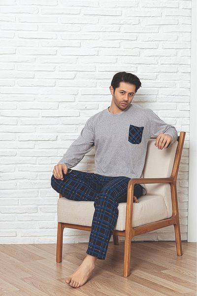 Sude HOMEWEAR Ανδρικά παπούτσια ERCAN Alan Gris Top Pocket Bottom Blue Check PJM TKM