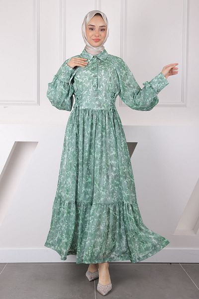 İmajButik Φόρεμα σιφόν με πράσινο δέσιμο στο πλάι