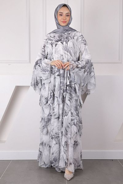 İmajButik Φόρεμα σιφόν με γκρι σχέδιο φούστα