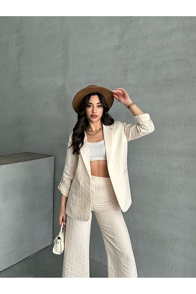 MD trend Women's Sleeve Fold Aerobin Linen Jacket and Palazzo Trousers Double Set