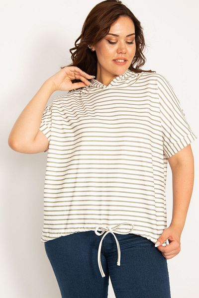 Şans Women's Plus Size Khaki Hooded Striped Sweatshirt 65N38725