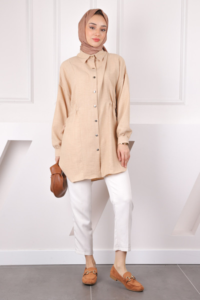 İmajButik Μπεζ χιτώνας με λεπτομέρειες