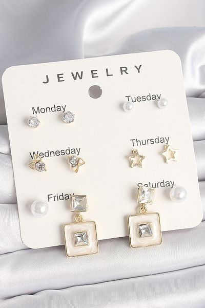Mu Art Ahşap Brass Gold Color Zircon Stone Star Figure Hanging White Enamel Model 7 Piece Women's Earring Set