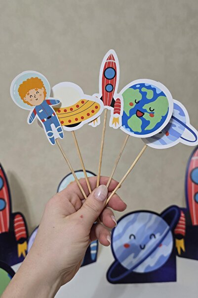 PEKSHOP Uzay Tema Kürdan Süsleri Cupcake Süsleri Lüks Büyük Boy 10lu Paket