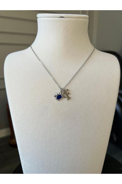 Store F Letter Necklace with Crab Charm and Steel Chain