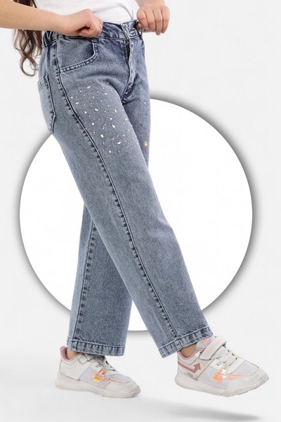 ModiClas %100 Pamuk-Denim-Kot-Serpme Taşlı-Kar Yıkamalı-Kız Çocuk Pantolonu-Palazzo