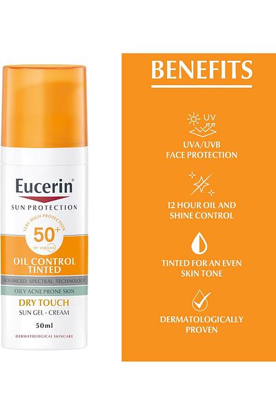 Eucerin Face Sunscreen Oil Control Tinted Gel-High UVA/UVB Protection, SPF 50+ , For Oily Acne-Prone