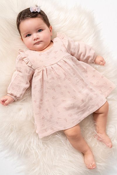 Cassiope Muslin Patterned Long Sleeve Ruffle Detailed Cotton Special Day Eid Baby Girl Dress