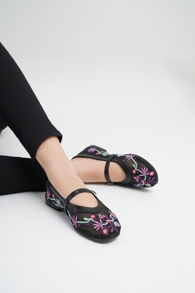 Beyond Women's Black Purple Embroidered Daily Buckle Ballerinas Byndnks01