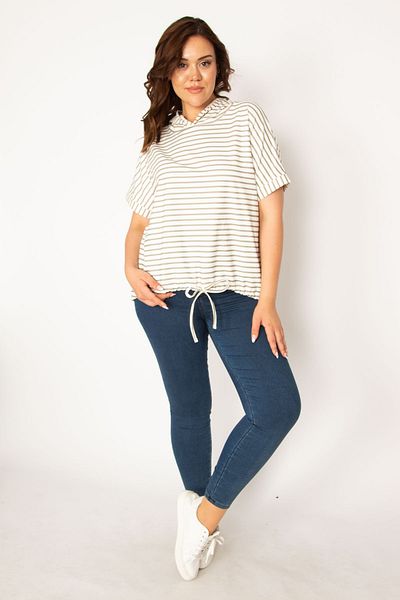 Şans Women's Plus Size Khaki Hooded Striped Sweatshirt 65N38725