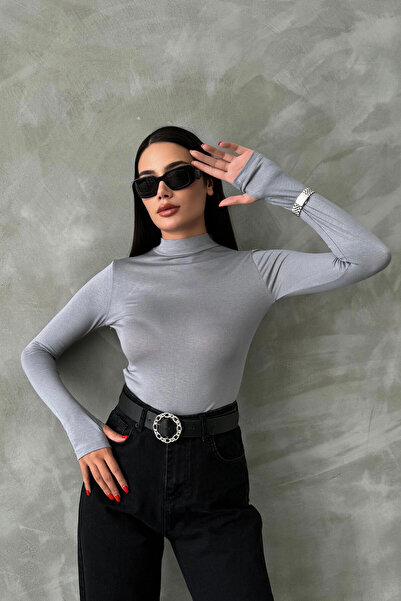 oshebu Gri – Parmak Detaylı Kadın Body – Uzun Kollu | Esnek Ve Yumuşak Kumaş